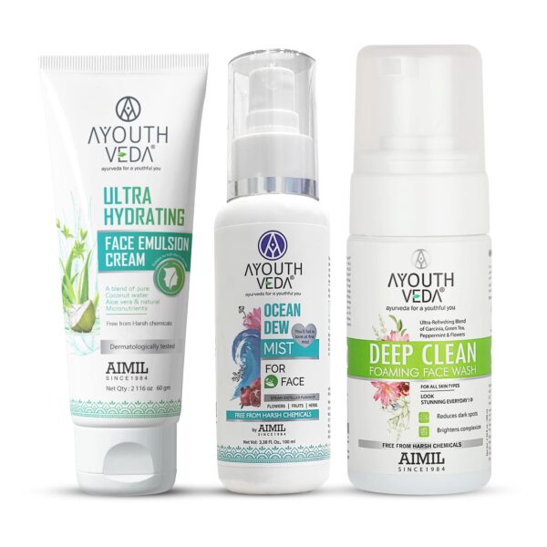 Ayouthveda Face Care Kit For Brightens And Clear Skin, Dark Spots | Deep Clean Foaming Face Wash | Ocean Dew Mist | Ultra Hydrating Face Emulsion Cream For Both Men And Women 260Ml - Fast Shipping to USA & Canada