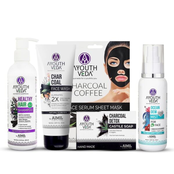 Ayouthveda Premium Body Care Products With Luxury Gift | With Charcoal Face Wash 100ml, Charcoal Detox Soap 110gm, Ocean Dew Mist 100ml, Charcoal Serum Sheet Mask 20gm & Healthy Hair Shampoo 200ml | Gift Set For Valentine Day - Fast Shipping to USA & Canada