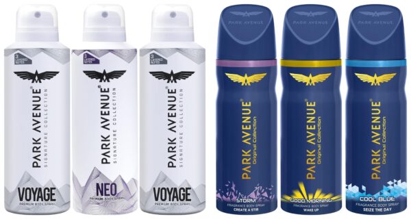 Park Avenue Classic Multiple Deodorant Spray Set For Men (Pack Of 3) And Signature Collection For Men, 2 Voyage + 1 Neo (Pack Of 3) 348G/450Ml, 6 Count - Fast Shipping to USA & Canada