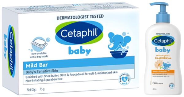 Cetaphil Baby Wash & Shampoo with Organic Calendula (400ml)&Cetaphil Baby Mild Bar 75gm, Kids Soap for Bath, White, Medium - Fast Shipping to USA & Canada