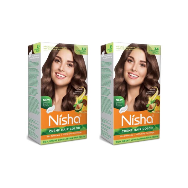 Nisha Creme Hair Colour 3.5 CHOCOLATE BROWN (60gm + 60ml + 18ml Nisha Conditioner with Natural Herbs 100% Grey Hair Coverage) Pack of 2 - Fast Shipping to USA & Canada