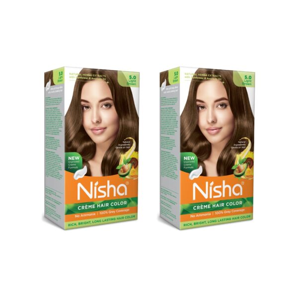 Nisha Creme Hair Color Light Brown, Permanent Hair Colour for Women Men, No Ammonia, Ultra Soft Deep Shine, 100% Grey Coverage, 5.0 Light Brown Hair Colour 120gm Pack of 2 - Fast Shipping to USA & Canada