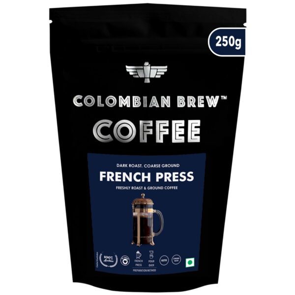 COLOMBIAN BREW COFFEE Colombian Brew Arabica French Press Coffee Powder, Dark Roast Strong, 250g (Make Hot or Cold Brew) - Fast Shipping to USA & Canada