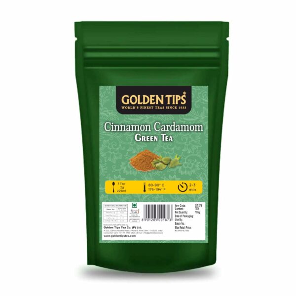 Golden Tips Loose Leaves Green Tea Cinnamon Cardamom (Elaichi) (100 Gram, 50 cups) - Fast Shipping to USA & Canada