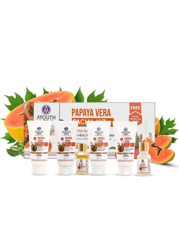Ayouthveda Papaya & Aloe Vera Six Steps Facial Kit for Instant Glow | Keeps Skin Wrinkle & Blemish Free With the Goodness Of Almond & Sandalwood Oil (Pack of 230 Gram) - Fast Shipping to USA & Canada