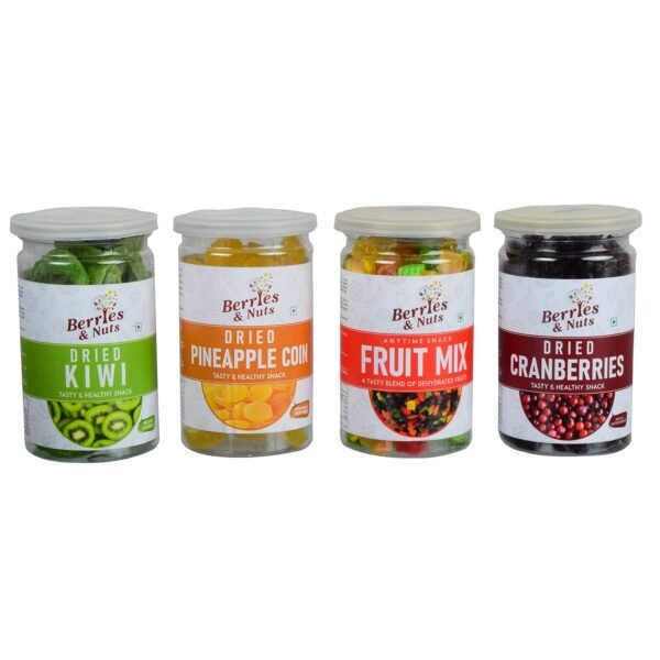 Berries And Nuts Premium Dried Fruits Gift Box | Assorted Dried Fruits Box | Fruit Mix 200 Grams, Dried Kiwi 200 Grams, Dried Cranberries 200 Grams, and Dried Pineapple Coin 200 Grams | 800 Grams Box | Dry Fruit Gift Pack for Special Ocassions | Anytime Use - Fast Shipping to USA & Canada