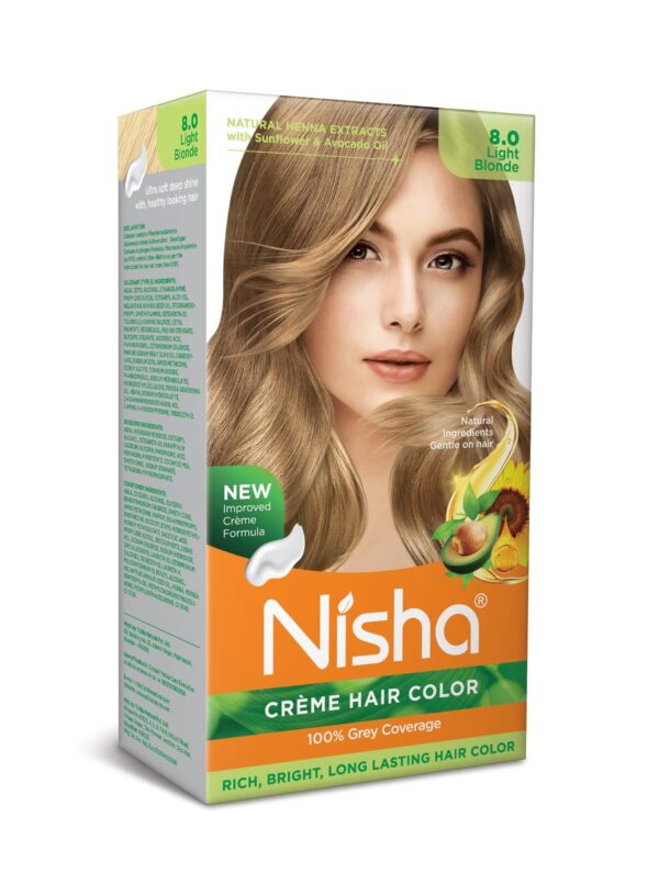 Nisha Creme Hair Color Light Blonde, Permanent Hair Colour for Women Men, Ultra Soft Deep Shine, 100% Grey Coverage, 8.0 Light Blonde Hair Colour (60gm+60ml+18ml) - Fast Shipping to USA & Canada