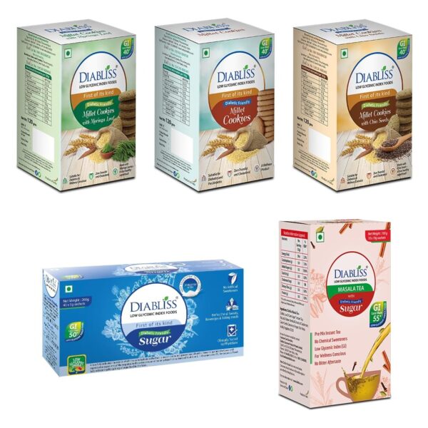 Diabliss Millet, Chia Seeds, Moringa Leaf Cookies 120g Box - Sugar 40 x 5g Sachet Box & Masala Tea Instant Premix 10 x 10g Sachet Box Combo Pack - Low Glycemic Index (GI) Diabetic Friendly