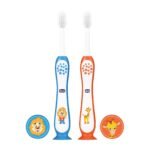 Chicco Manual Toothbrush For Kids (3Y-8Y) With Suction Cup, Set Of 2 | Extra Soft Tapered Bristles For Milk And Permanent Teeth | With Tongue Scraper And Bpa Free Material (Blue, Orange) - Fast Shipping to USA & Canada