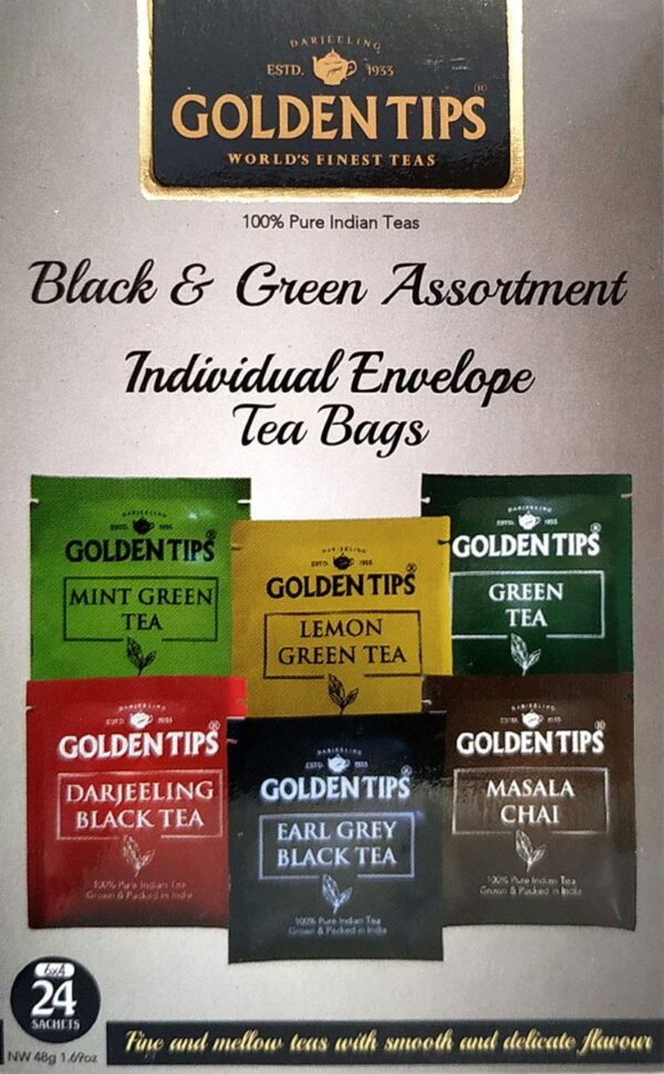 Golden Tips Black and Green Assortment Individual Envelope Tea Bags (48 Gram, 24 Bag-Pack of 2) - Fast Shipping to USA & Canada