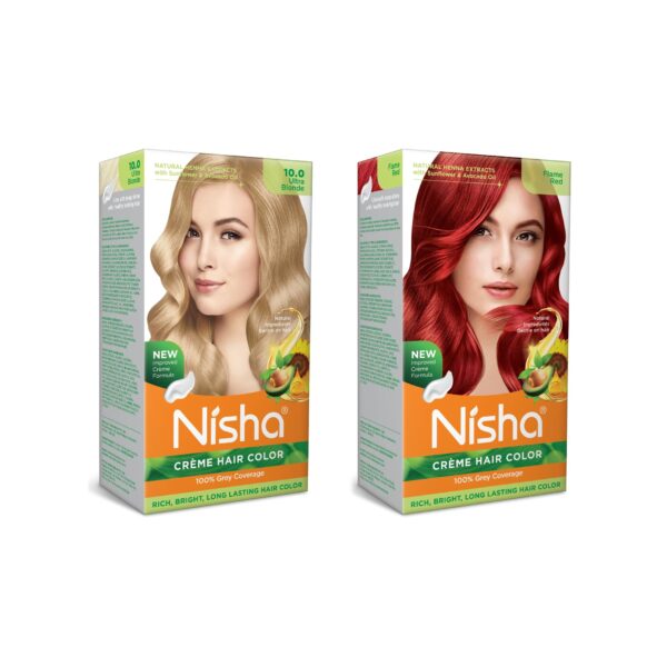 Nisha Cream Hair Color Rich Bright Long Lasting Hair Colouring For Ultra Soft Deep Shine 100% Grey Coverage Conditioning With Natural Herbs Ultra Blonde and Flame Red (Pack of 2) ? - Fast Shipping to USA & Canada