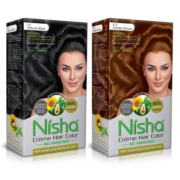 Nisha Creme Hair Color Combo Pack 120g, Natural Black and Golden Brown, Permanent Hair Color for Women and Men - Fast Shipping to USA & Canada