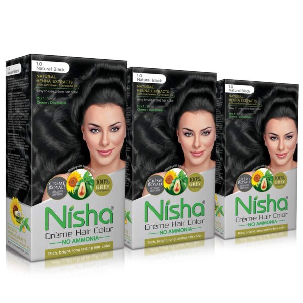Nisha Creme Hair Color Natural Black, Permanent Hair Colour for Women Men, No Ammonia, Ultra Soft Deep Shine, 100% Grey Coverage, 1.0 Black Hair Colour 120gm Pack of 3 - Fast Shipping to USA & Canada