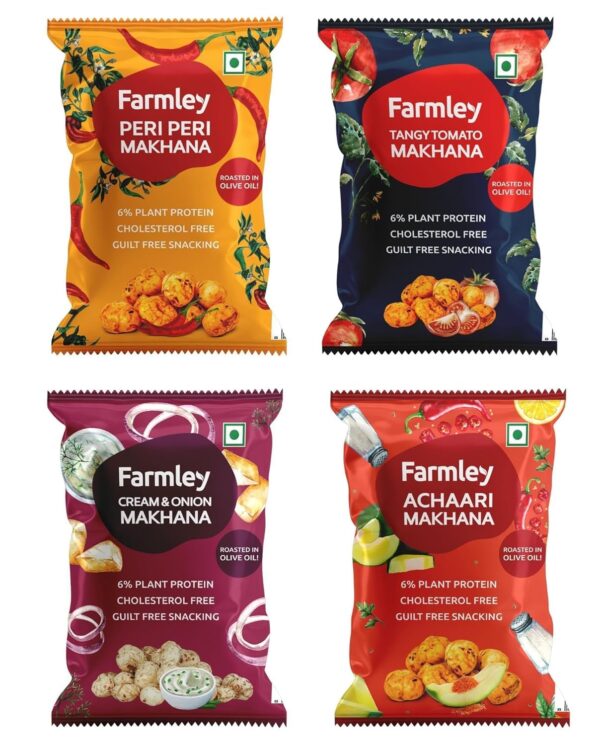 Farmley Roasted Makhana I 204 gram I Peri Peri, Tangy Tomato, Cream & Onion, Achaari (51g each, Pack of 4) | Healthy Makhana Roasted In Olive Oil Snacks (Combo Of 4) - Fast Shipping to USA & Canada