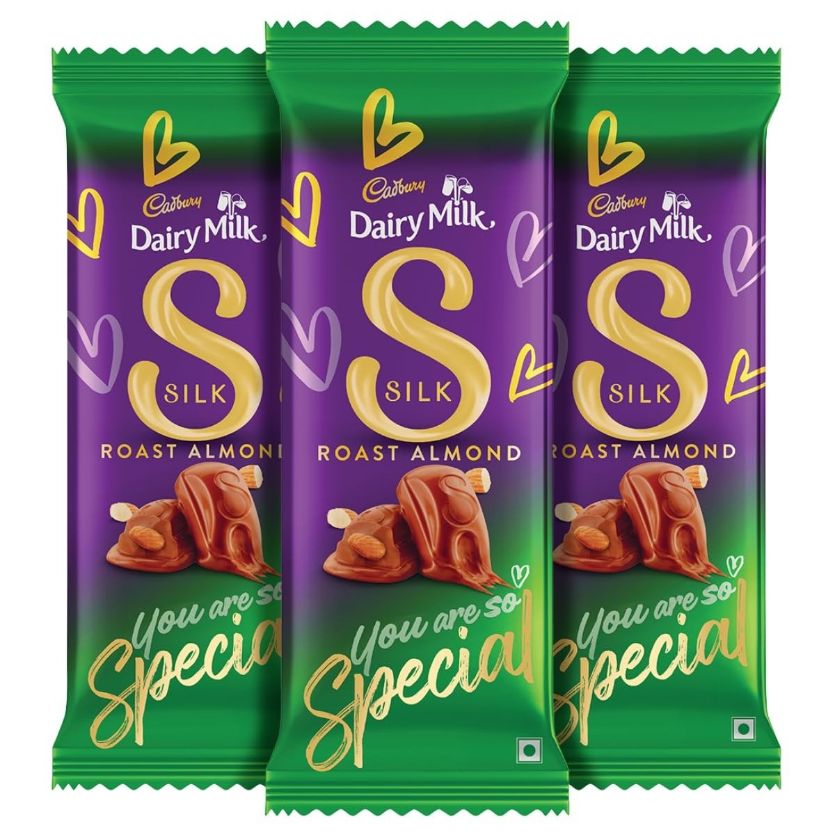 71JaLwZruL.jpg Cadbury Dairy Milk Silk Roast Almonds Valentine's Gift Pack Chocolate Bar, 143 g (Pack of 3) - Fast Shipping to USA & Canada - Image 1