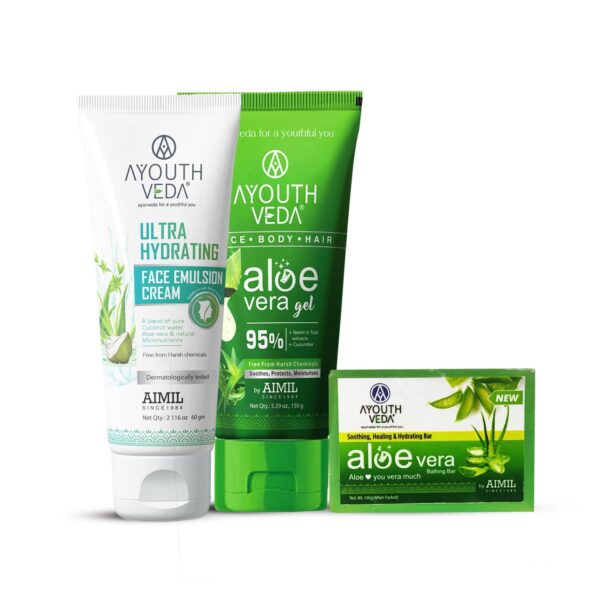 Ayouthveda Aloe Vera Bathing Soap 125g & Aloe Vera Gel 150g & Ultra Hydrating Face Emulsion Cream 60g Combo for Face, Body, Hair, Hydrates Skin without Feeling Greasy, Neem, Tulsi, Even Skin Tones - Fast Shipping to USA & Canada