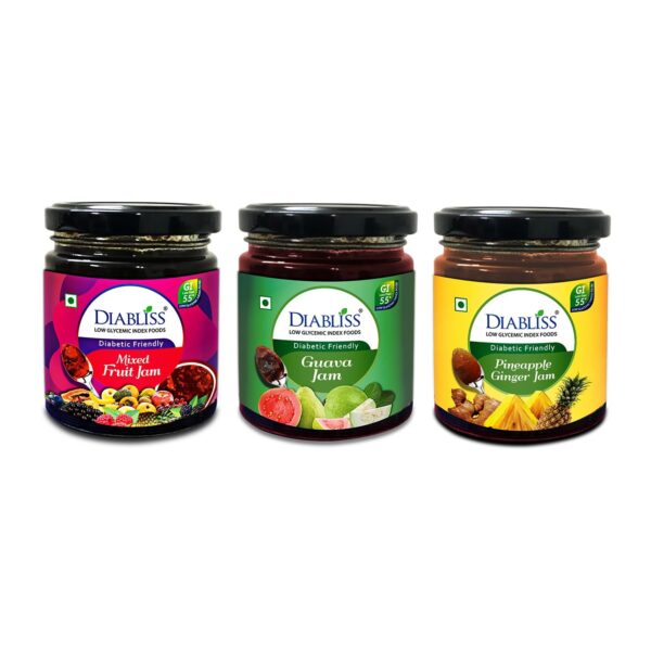 DiaBliss Diabetic Friendly Jam Combo Pack - Mixed Fruit, Pineapple Ginger, Guava each 225g Sugar Free Alternative - Low Glycemic Index (GI) - Diabetes