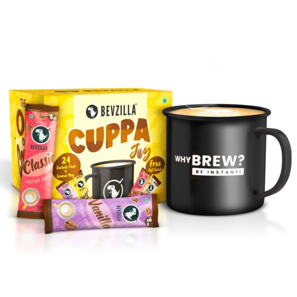 Bevzilla 24 Flavoured Coffee Sachets & Enamel Mug | Makes 24 Cups| 6 Sachets Each Flavour | Turkish Hazelnut, Colombian Gold, French Vanilla & English Butterscotch | Cuppa Joy Box - Fast Shipping to USA & Canada