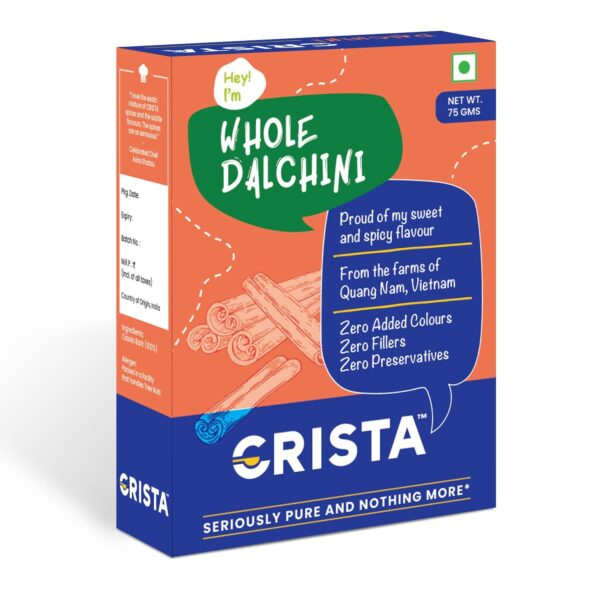 CRISTA Whole Dalchini Tubes | Pure Dalchini | Cinnamon Sticks | Farm Fresh | Zero added Colours, Fillers, Additives & Preservatives | High Oil Content | 75 gms