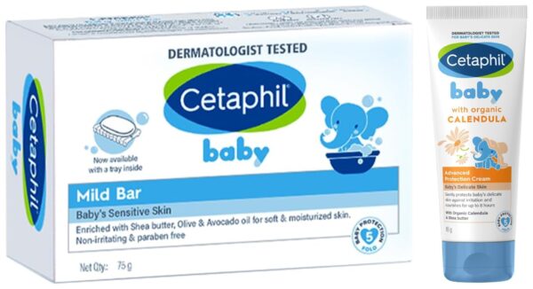 Cetaphil Baby Cream, Face & Body Moisturizing Cream | Advance Protection | Gentle & Soft with Organic Calendula 85gm&Cetaphil Baby Mild Bar 75gm, Kids Soap for Bath, White, Medium - Fast Shipping to USA & Canada