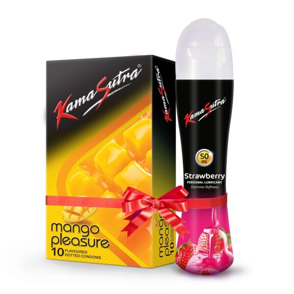 KamaSutra Mango Flavoured Condoms for men Count 10 with Strawberry Water Lube Flavoured Lubricant 50ml - Fast Shipping to USA