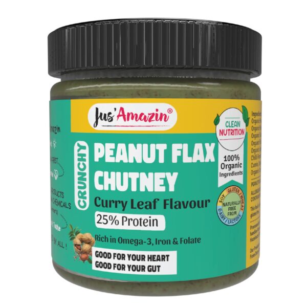 Jus' Amazin Organic Peanut Flax Chutney - Curry Leaf Flavour (200g)|Perfect with Dosas & Idlis|High Protein, Omega 3|Plant Based, 0% Chemicals (No Emulsifiers, INS or E Ingredients)|Clean Nutrition - Fast Shipping to USA & Canada