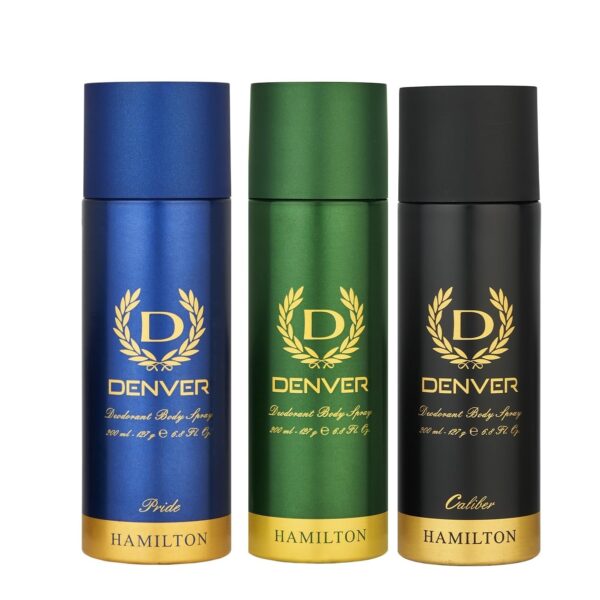 DENVER Hamilton, Caliber and Pride Deodorant - 200ML Each (Combo Pack of 3) | Long Lasting Deo Body Spray for Men - Fast Shipping to USA & Canada