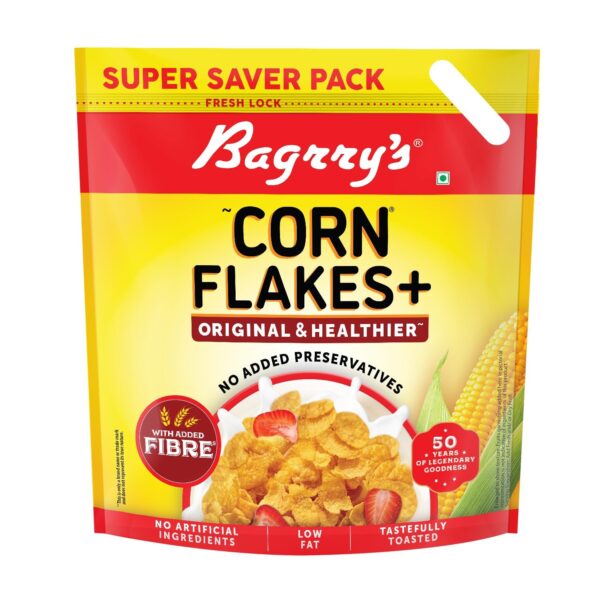 Bagrry's Corn Flakes Plus 1.2kg Pouch | Original and Healthier | Low Fat & Cholesterol | High Fibre | Deliciously Crunchy | All Natural CornFlakes | Breakfast Cereal - Fast Shipping to USA & Canada