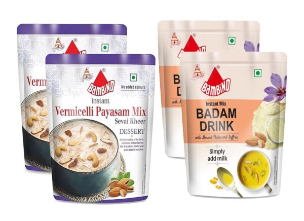 Bambino Combo Instant Mix's of Badam Drink Mix 200 Gms X Pack of 2 (400 Gms) I Vermicelli Payasam Mix 180 Gms X Pack of 2 (360 Gms) - Fast Shipping to USA & Canada