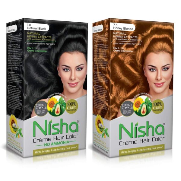 Nisha Cr?me Hair Color (60gm + 60ml + 18ml Conditioner for Each) Combo Pack of Natural Black & Honey Blonde ? - Fast Shipping to USA & Canada