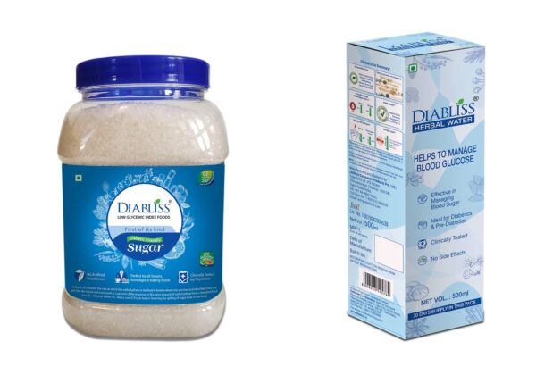 Diabliss Diabetic Friendly Herbal Cane Sugar - Free from Chemicals/Artificial Sweeteners - Low Glycemic Index (GI) - 1Kg Reusable Jar (1kg & Blood Glucose Management Herbal Water)