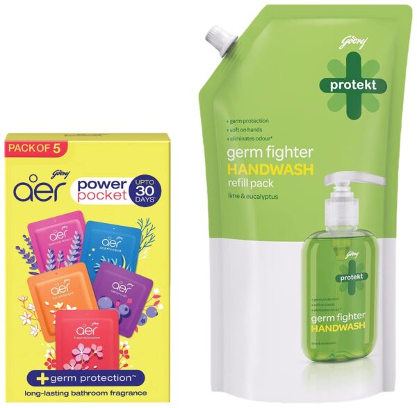 Godrej Aer Power Pocket | Assorted Pack of 5 (50g) & Godrej Protekt masterchef's Handwash Refill, Lime - 750ml, 99.9% Germ Protection, With Glycerin - Fast Shipping to USA & Canada