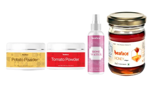 Beaface Combo Pack Potato Powder Skin Blemishes -100gm | Tomato Powder Dead cell Remover -100gm | Rose Water Skin Smoother Fresh & Glowing -100ml | Honey Reduces Acne, Pimple-free -125gm (Pack 0f 4)