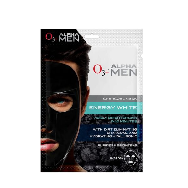 O3+ ALPHA MEN Energy White Charcoal Face Sheet Mask 30g with Charcoal & Hydrating Hyaluronic to Purify & Brighten Skin - Fast Shipping to USA & Canada