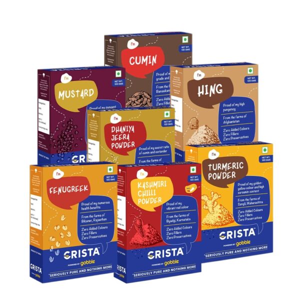 CRISTA Masala Spice Box | Mustard x 1 | Cumin x 1 | Fenugreek x 1 | Turmeric Powder x 1 | Dhaniya Jeera Powder x 1 | Hing x 1 | Kashmiri Chilli Powder x 1 | 100 gms each | Pack of 7