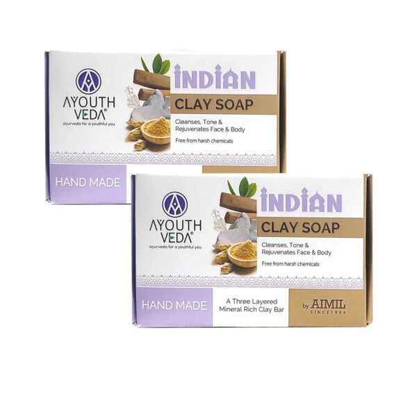 Ayouthveda Handmade Indian Clay Soap | Nourishes Protects & Hydrates Skin | A Three Layered Mineral Rich Clay Bar| Daily use Bar for Both Men & Women (Pack Of 2-110g each) - Fast Shipping to USA & Canada