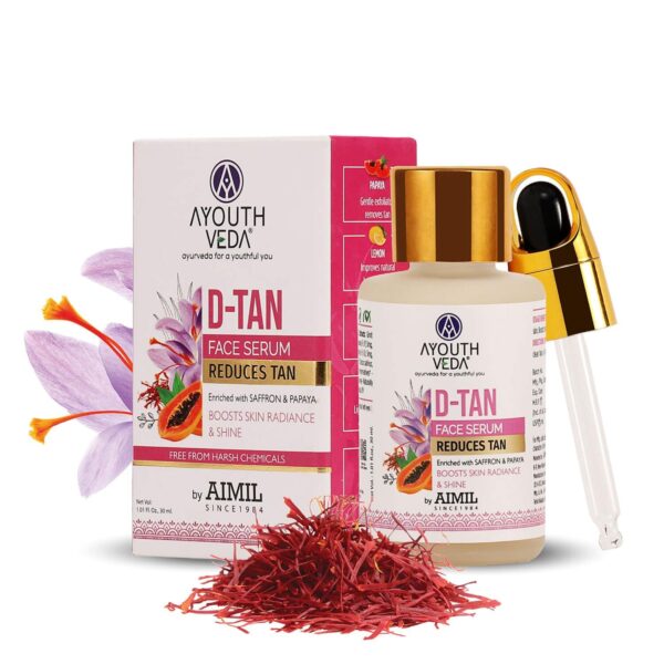 Ayouthveda D-Tan Face Serum Enriched With Saffron & Papaya For Nourished Skin, Reduces Tan 30ml - Fast Shipping to USA & Canada