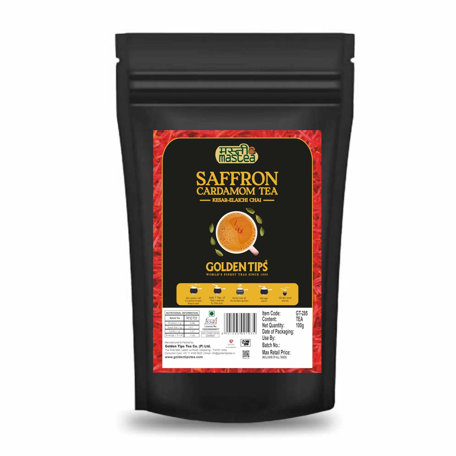 71Vp4EVxtgL-1.jpg Golden Tips Saffron(Kesar) Cardamom (Elaichi) Exotic Indian Masala Chai CTC Black Tea (40 Cups), 100 g - Fast Shipping to USA & Canada - Image 1