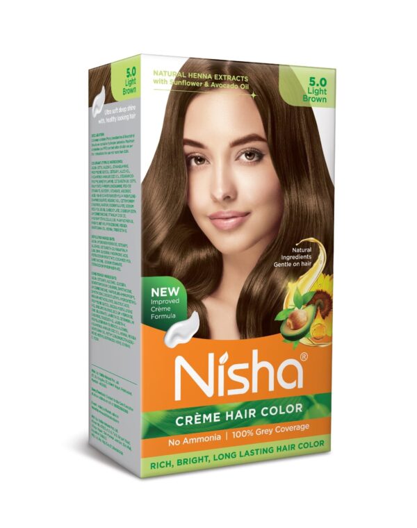 Nisha Creme Hair Color Light Brown, Permanent Hair Colour for Women Men, No Ammonia, Ultra Soft Deep Shine, 100% Grey Coverage, Light Brown Hair Colour 5.0 - Fast Shipping to USA & Canada