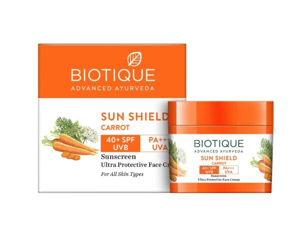 Biotique Sun Shield Carrot 40+ SPF UVA/UVB Sunscreen Ultra Protective Face Cream, 50g - Fast Shipping to USA & Canada