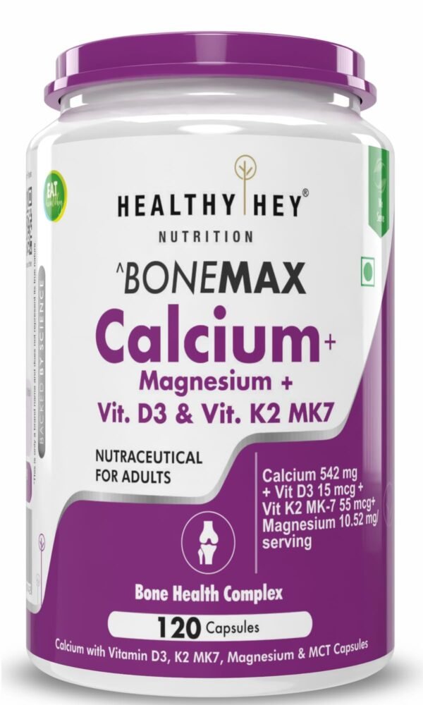 HealthyHey Nutrition Calcium with Magnesium, Vitamin D3 & Vitamin K2- Mk7 - BoneMax - Bone Health Complex -120 Vegetable Capsules - Fast Shipping to USA