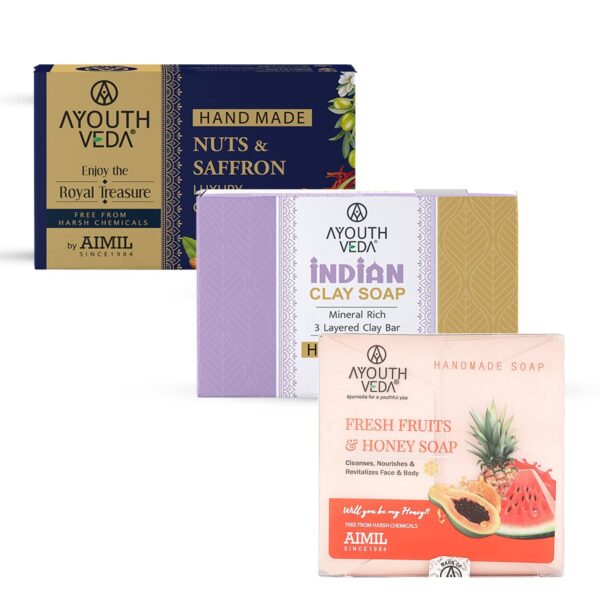 Ayouthveda 1 Nuts & Saffron Luxury Castile Soap, Saffron Soap(110g),Clay Soap, Clean Tone Revitalize Skin, Nourish, Protect & Hydrate Skin (110g), Fruit Honey Soap 110g - Fast Shipping to USA & Canada