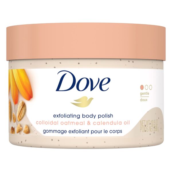 Dove Exfoliating Body Polish Scrub for Delicate & Sensitive Skin with Oatmeal & Calendula Oil, Gently Exfoliates and Moisturizes to Reveal Instantly Soft, Smooth & Healthy Skin, Naturally Derived Ingredients, Sulfate-Free, Floral Fragrance, 298g - Fast Shipping to USA & Canada