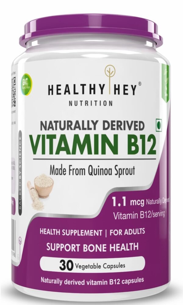HealthyHey Nutrition 100% Natural Vitamin B12 - Support Immune Health | Non-Synthetic, No-Chemical | 30 Veg. Capsules - Fast Shipping to USA