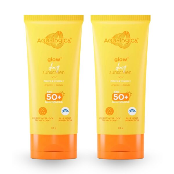 Aqualogica Glow+ Dewy Sunscreen SPF 50 PA++++ with Papaya & Vitamin C | For Oily, Combination & Dry Skin Type | UVA/B & Blue Light Protection | Fragrance-Free | For Men & Women | 80g x 2 - Fast Shipping to USA & Canada