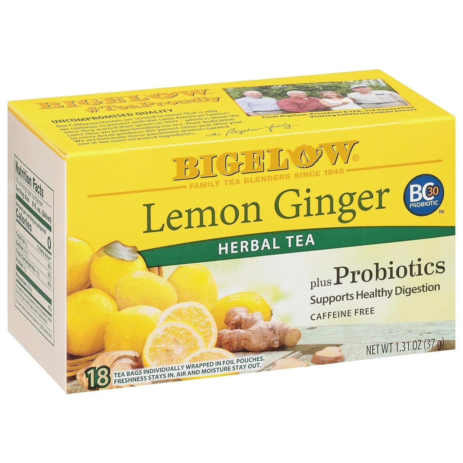 71Y-xJFaa0L-1.jpg Bigelow Tea Lemon Ginger Plus Probiotics Herbal Tea With Freshness & Aroma Caffeine Free 18 Tea Bags Net Wt 1.31oz (37gm) - Fast Shipping to USA & Canada - Image 1