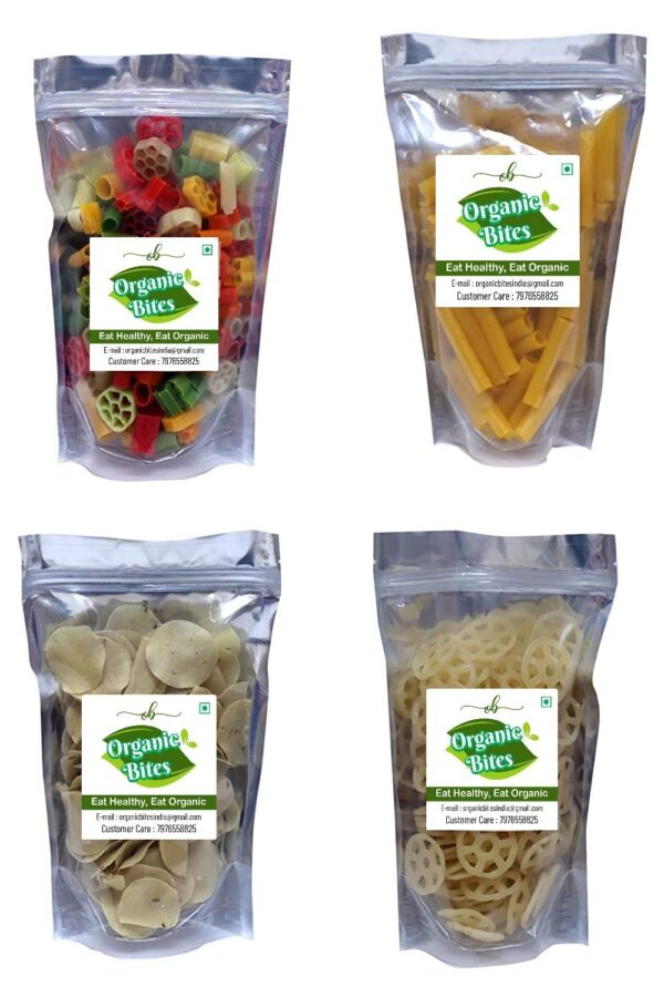 Organic Bites Combo of Golden Fingers/Mix Fryums/Wheel Shape Fryums/Jeera Rice Papad -800 gm - Fast Shipping to USA & Canada