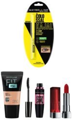 Maybelline New York Date Night Makeup Kit - Fit Me Foundation Tube Sun Beige + Hypercurl Mascara Washable + Colossal Kajal + Creamy Matte Siren In Scarlet, Pack Of 1 - Fast Shipping to USA & Canada