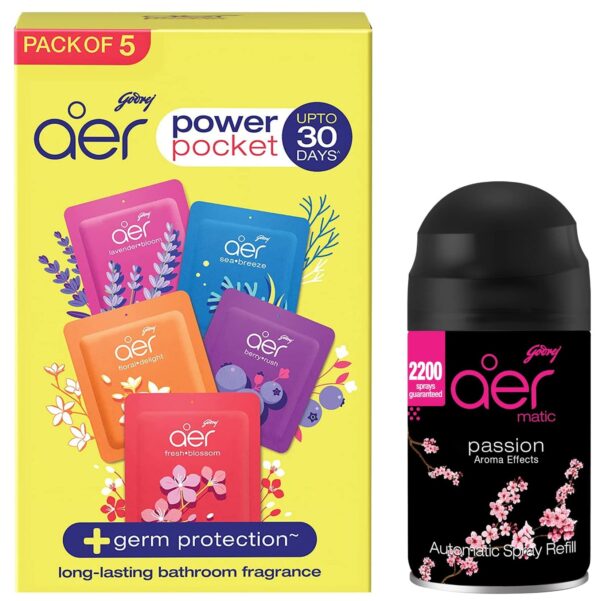Godrej Aer Power Pocket | Air Freshener- Bathroom and Toilet | Lasts Up to 30 days | Assorted Pack of 5 (50g) & Smart Matic Refill - BLUETOOTH ENABLED Automatic Air Freshener | Passion (225ml) - Fast Shipping to USA & Canada