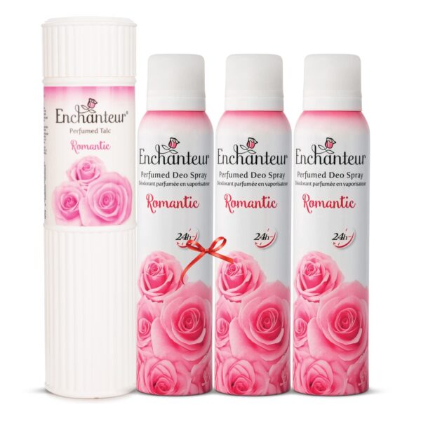 Enchanteur Romantic Perfumed Talc for Women, 250g & Enchanteur Romantic Perfumed Deo Spray for Women infused with real French Perfume, 150 ml (Pack of 3 - Fast Shipping to USA & Canada
